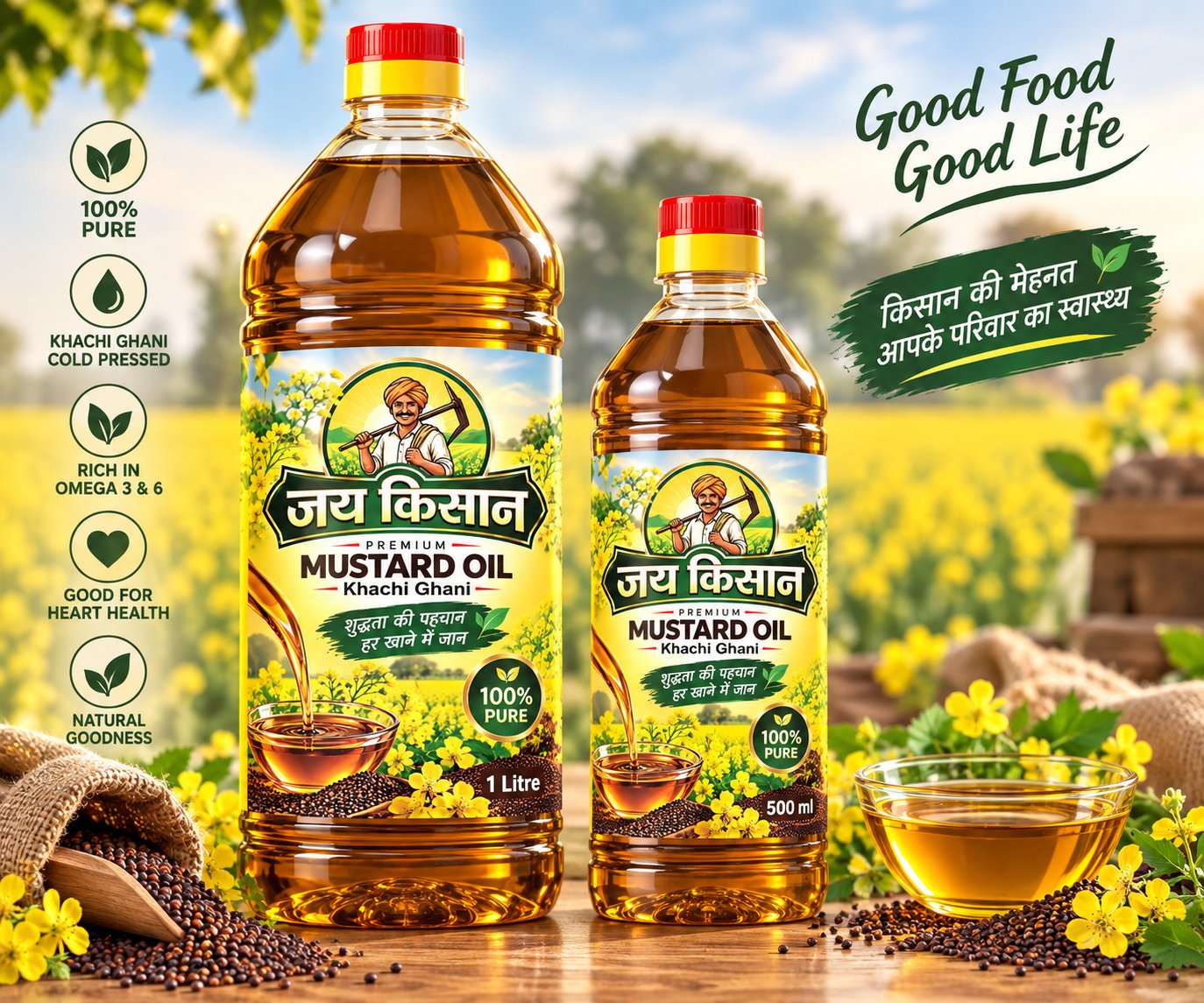 Jai Kishaan Mustard Oil bottles, 1 litre and 500ml, with mustard seeds